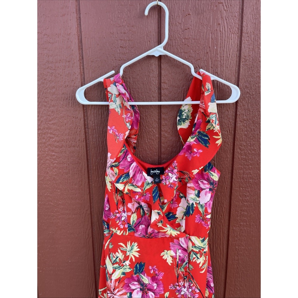 By & By Red Floral Ruffle V-Neck Maxi Dress Womens Small Sleeveless Pink Yellow - Picture 2 of 10